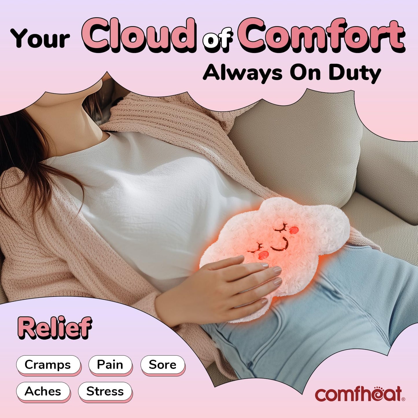 Plush cloud heating pad for period cramps showing washable cover