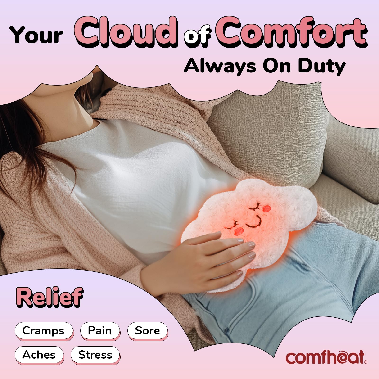 Plush cloud heating pad for period cramps showing washable cover