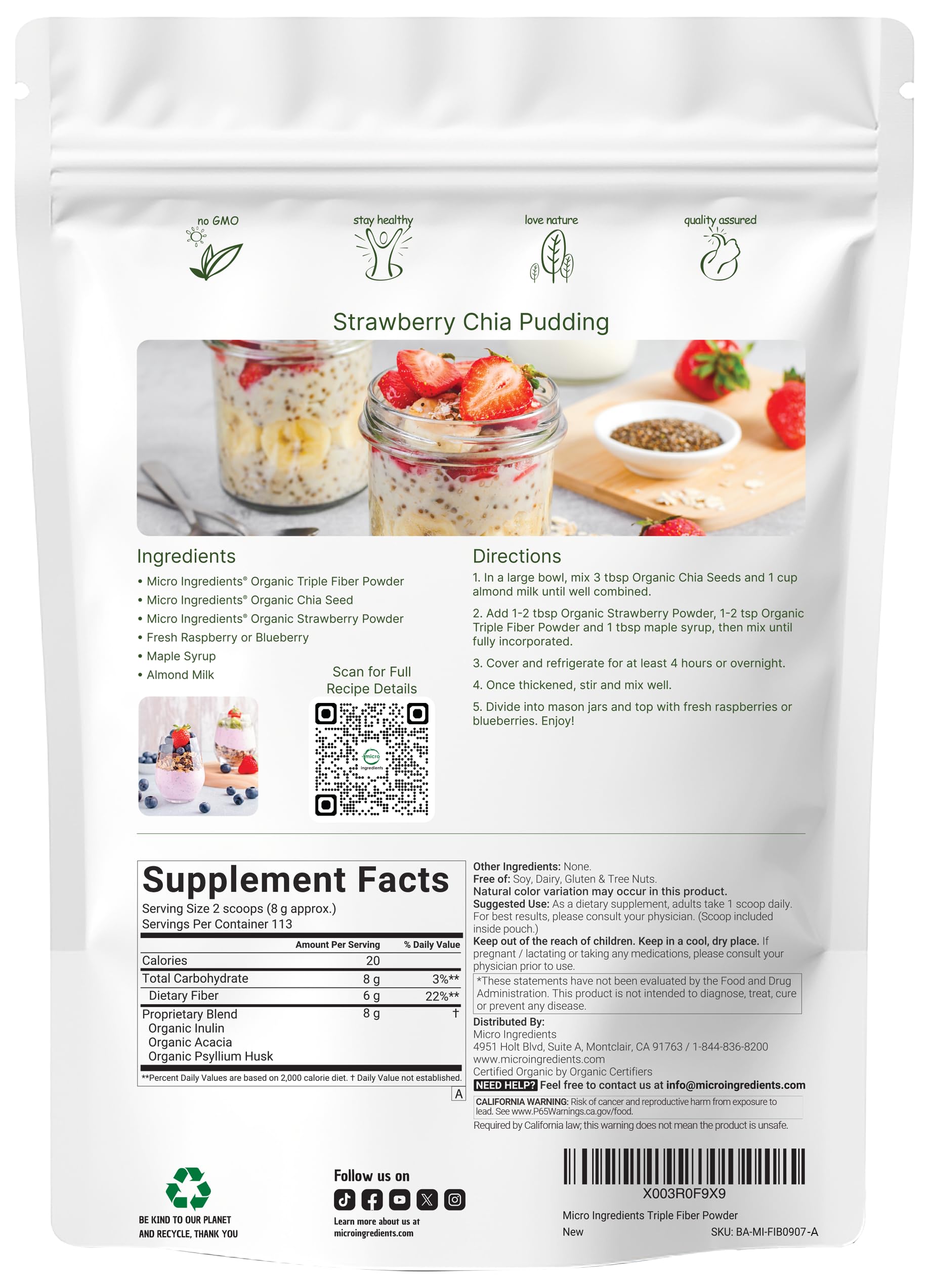 Micro Ingredients 3-in-1 soluble fiber blend nutrition facts and clean formula certification.