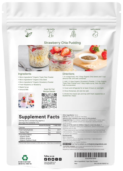 Micro Ingredients 3-in-1 soluble fiber blend nutrition facts and clean formula certification.