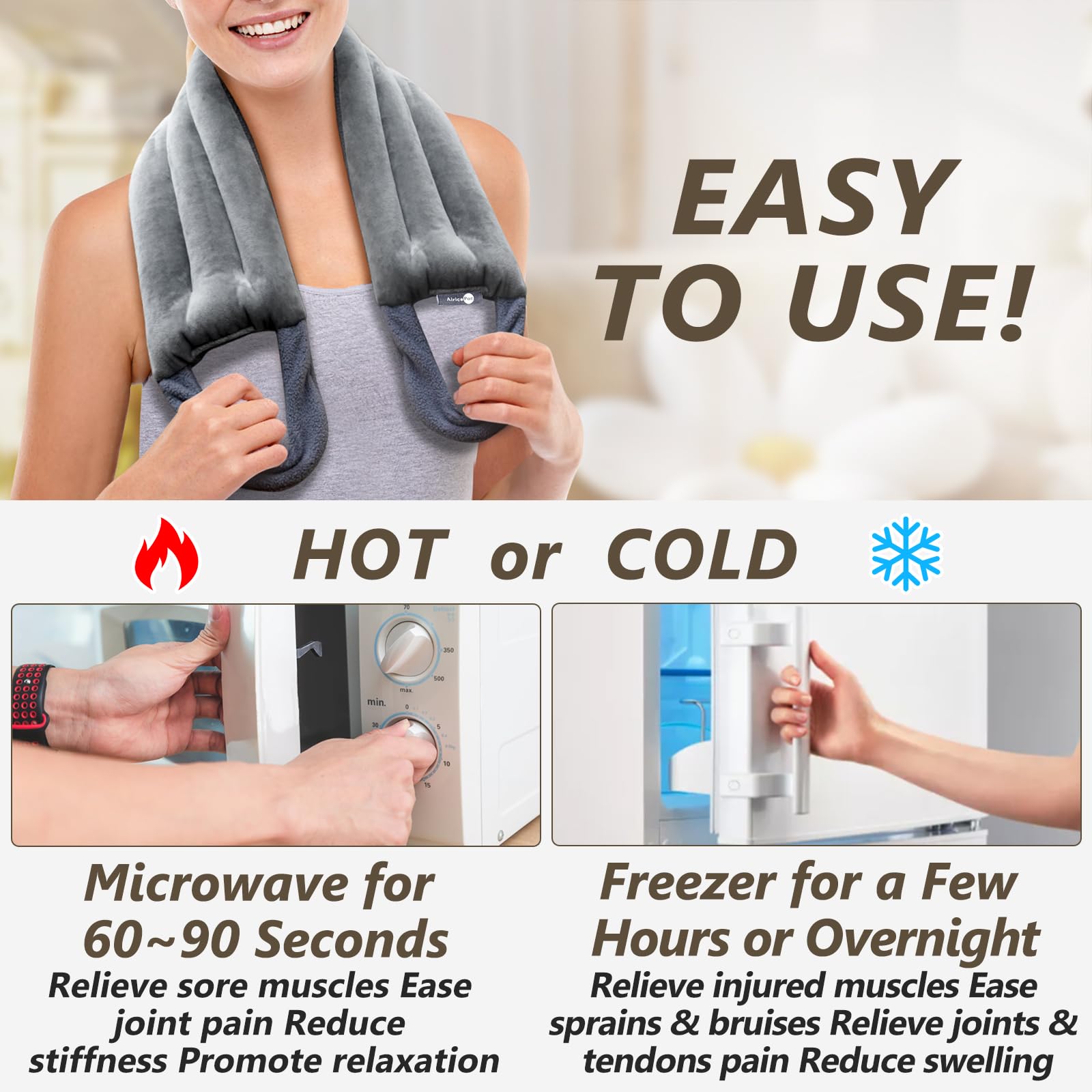 AiricePac microwave heating pad used on upper back for pain relief