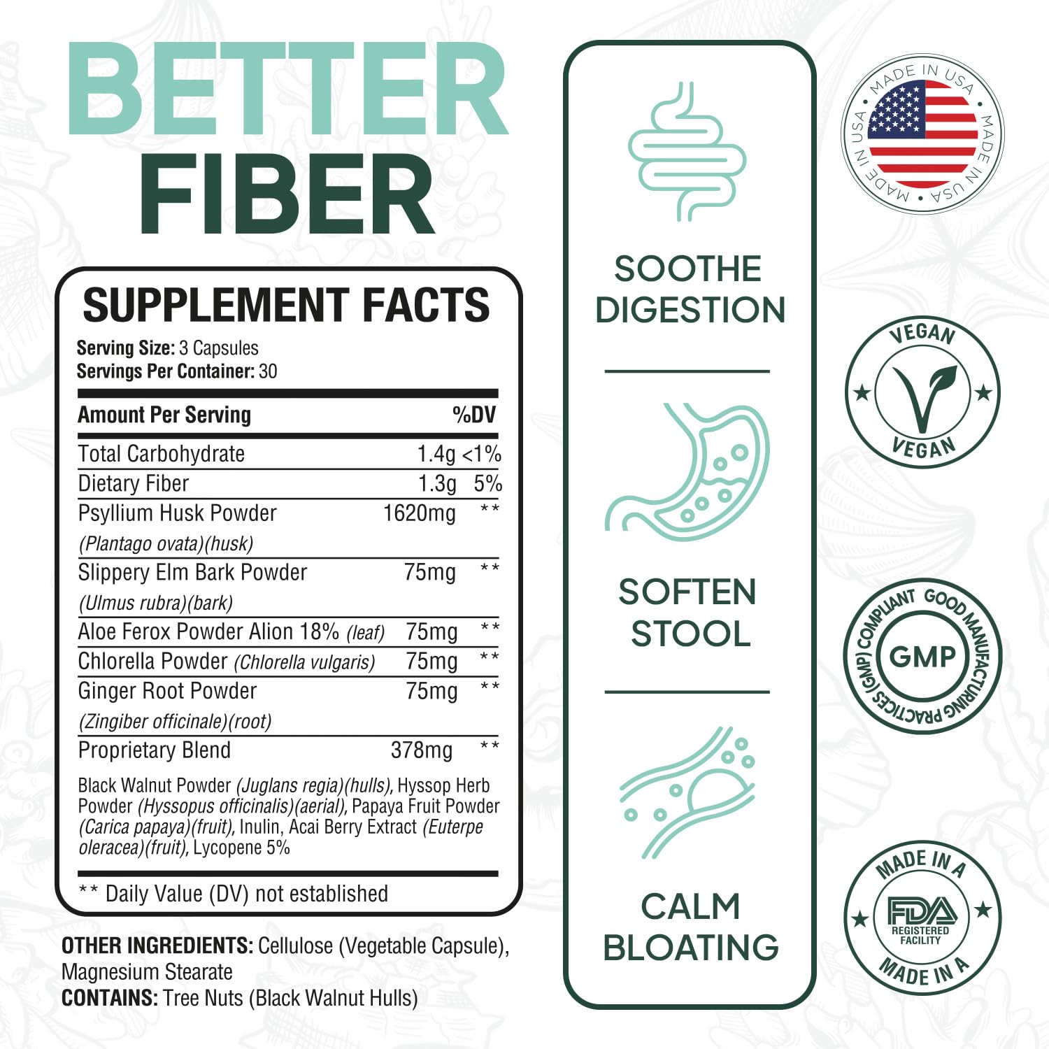 Organics Ocean daily fiber capsules back label showing psyllium husk ingredients