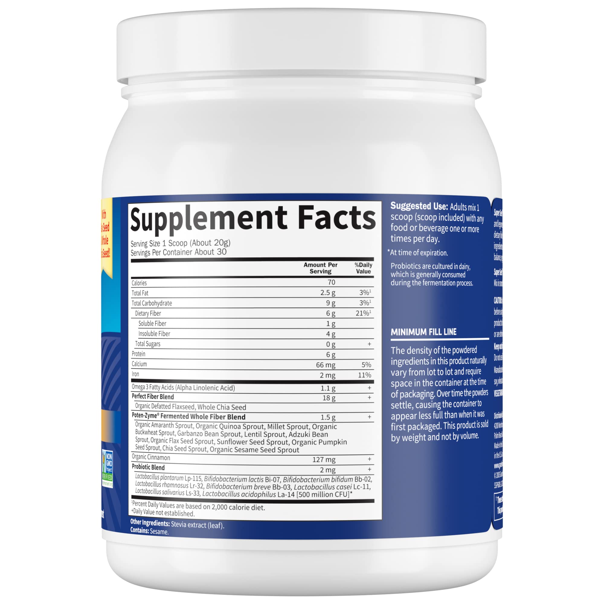 Garden Of Life vegetarian fiber protein supplement nutrition facts label on container