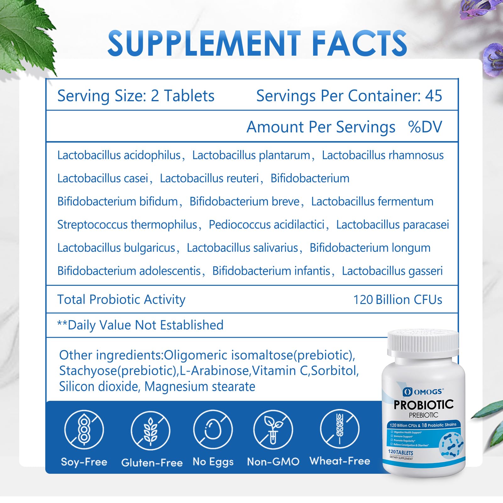 OMOGS 18 strains probiotic supplement with organic prebiotics nutrition label