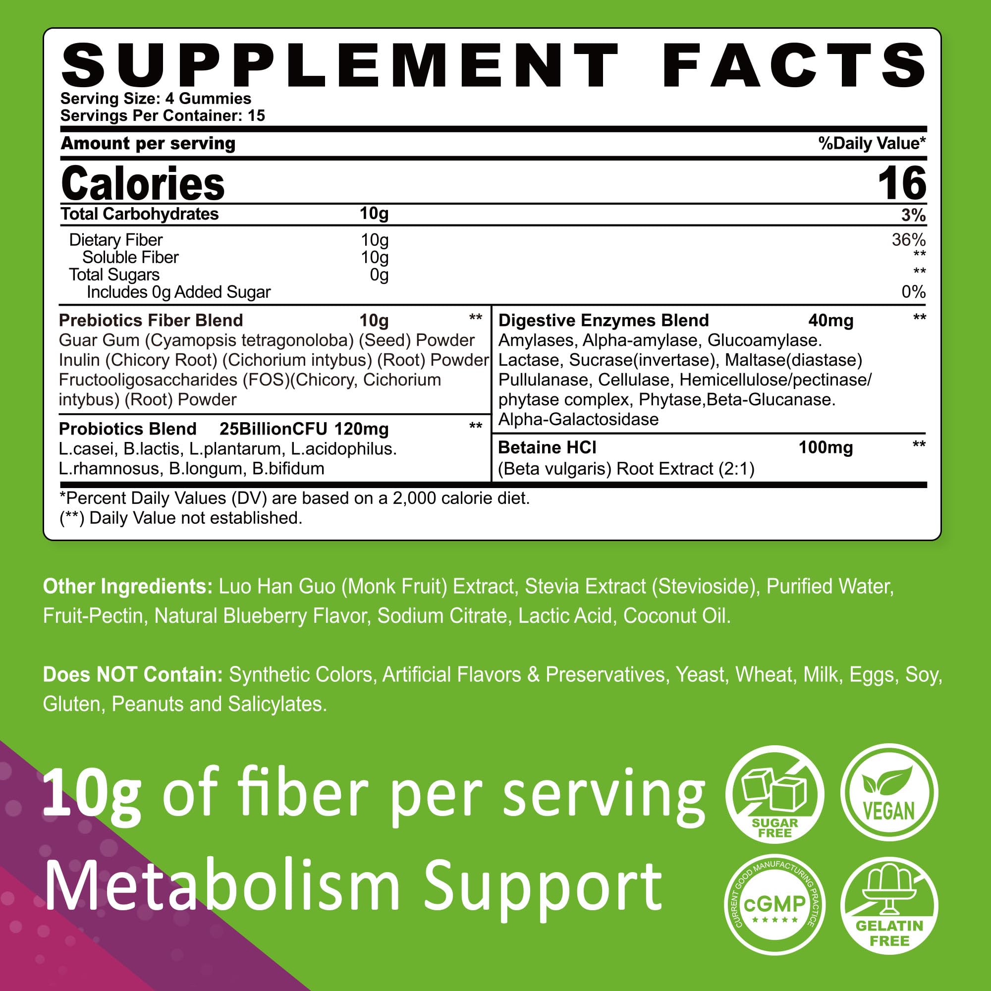 Nextdia daily fiber supplement blueberry flavor nutrition facts label showing twenty-five billion CFU probiotics.