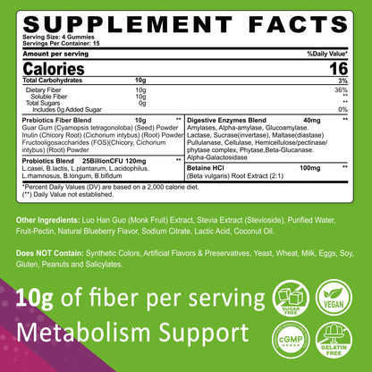 Nextdia daily fiber supplement blueberry flavor nutrition facts label showing twenty-five billion CFU probiotics.