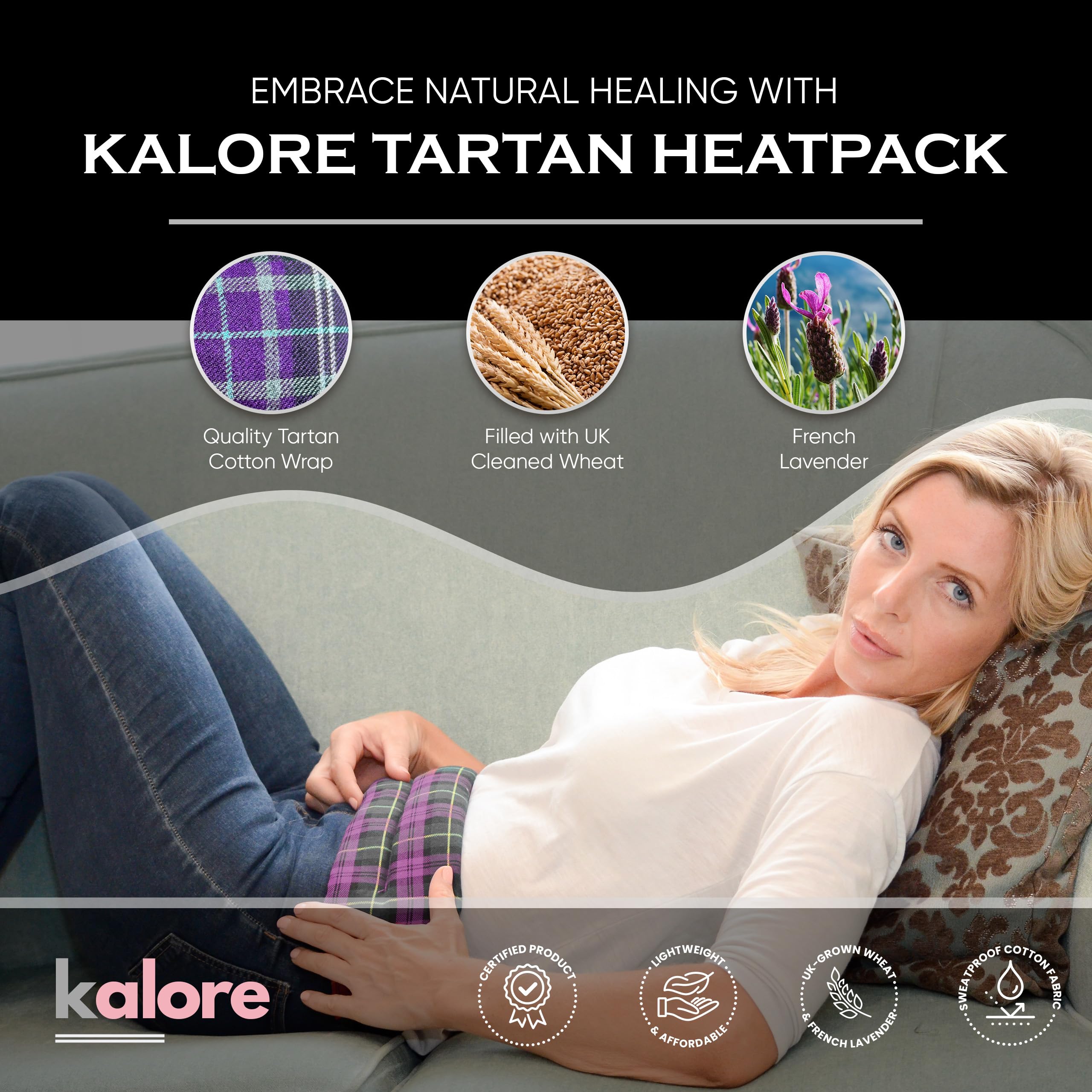 Close up of purple tartan fabric on Kalore heat pack