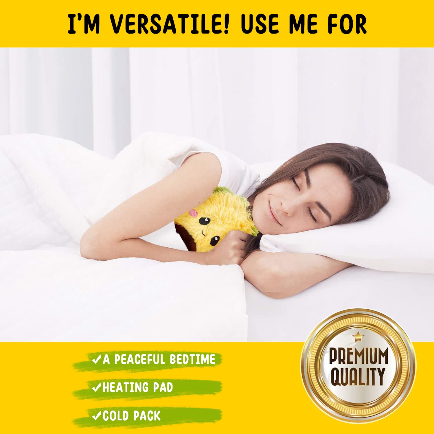 Side profile of Happy Fuel avocado plush heatable pillow