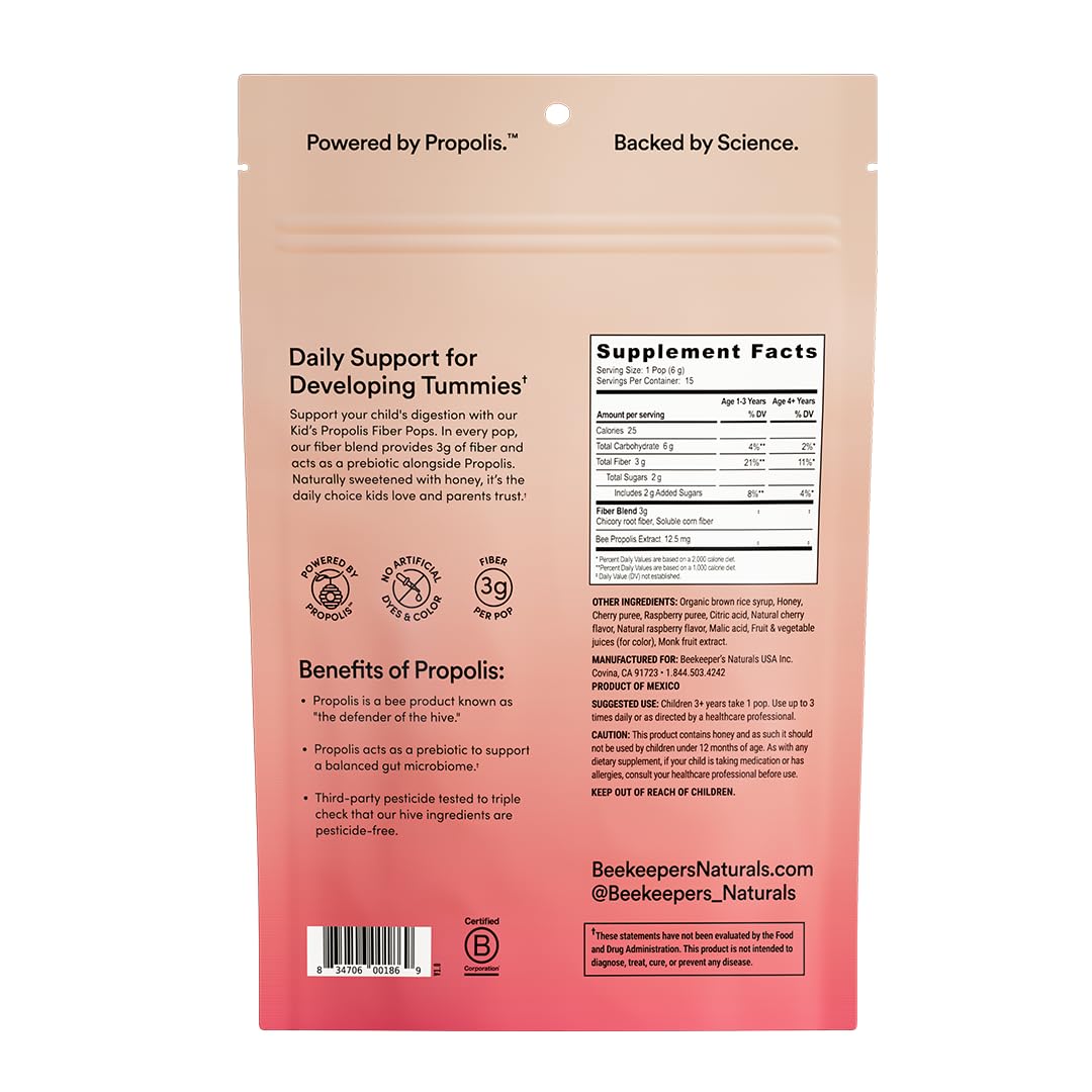 Beekeeper's Naturals doctor formulated kids fiber lollipops in sweet cherry flavor.