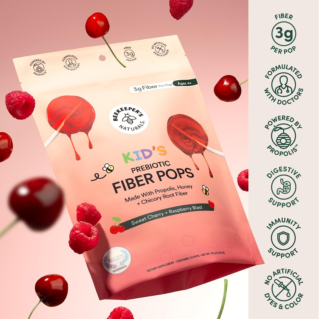 Beekeeper's Naturals kids prebiotic fiber supplement lollipops raspberry blast variant.