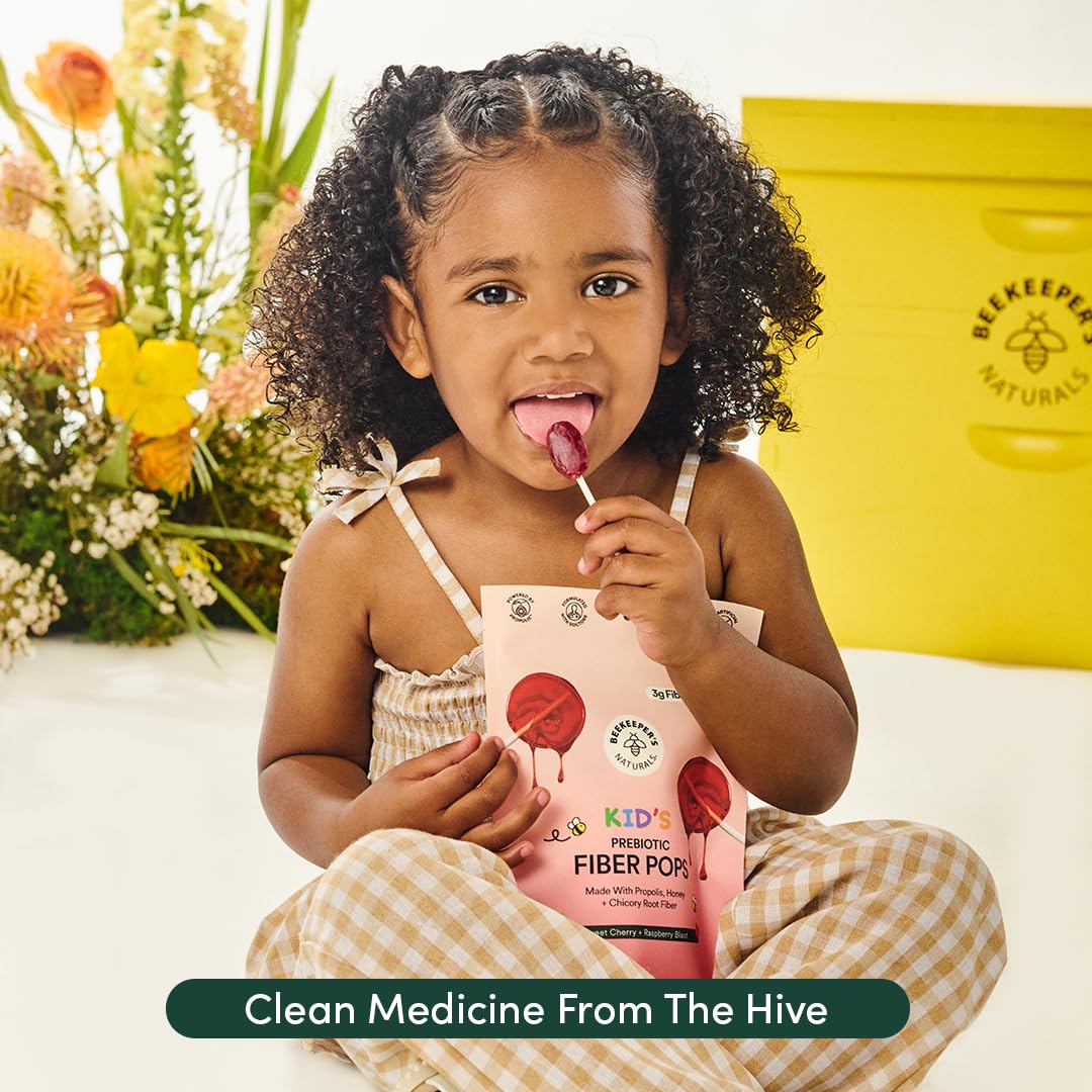 Beekeeper's Naturals honey sweetened kids prebiotic fiber lollipops for constipation relief.