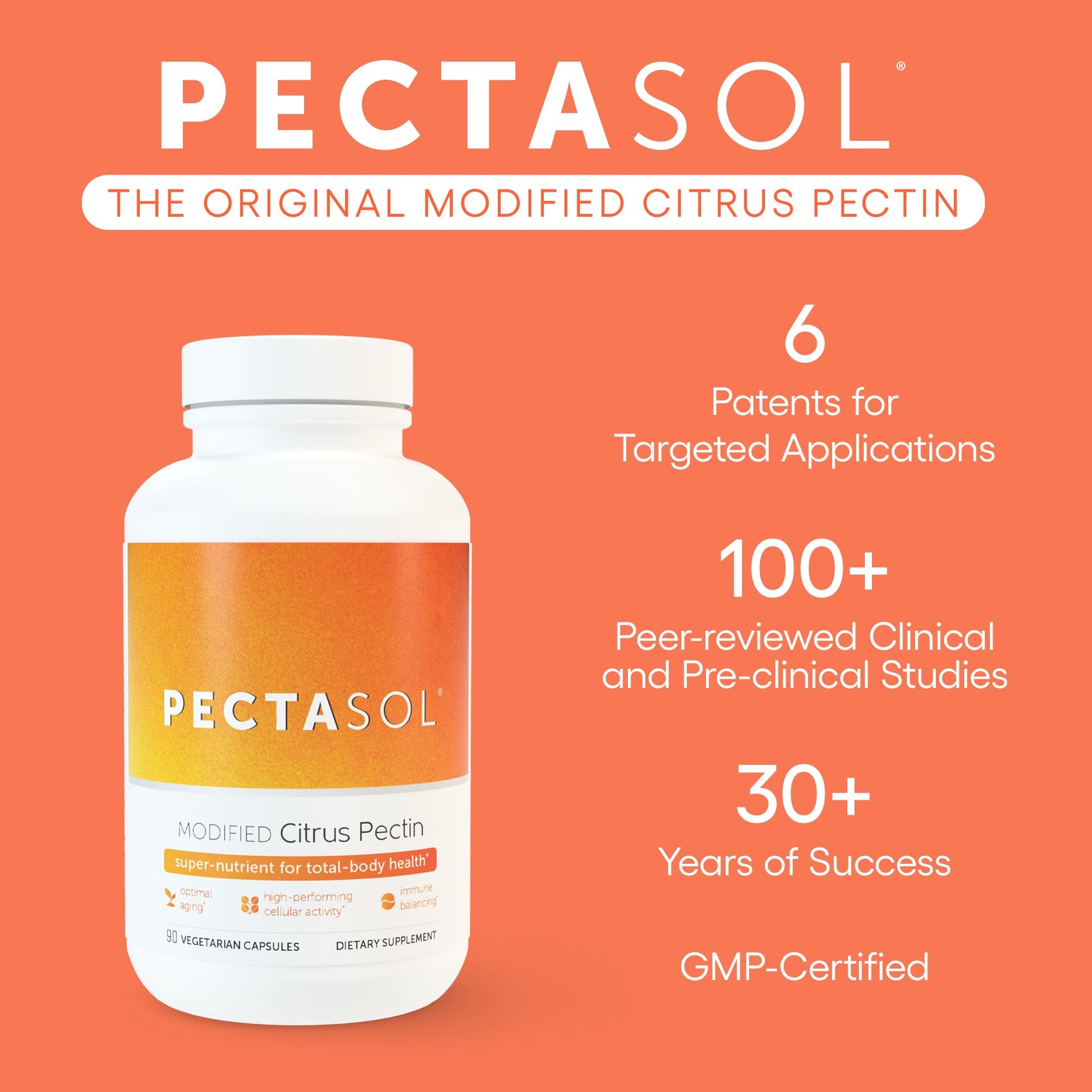 EcoNugenics PectaSol Modified Citrus Pectin supplement bottle angled view highlighting serving size information.
