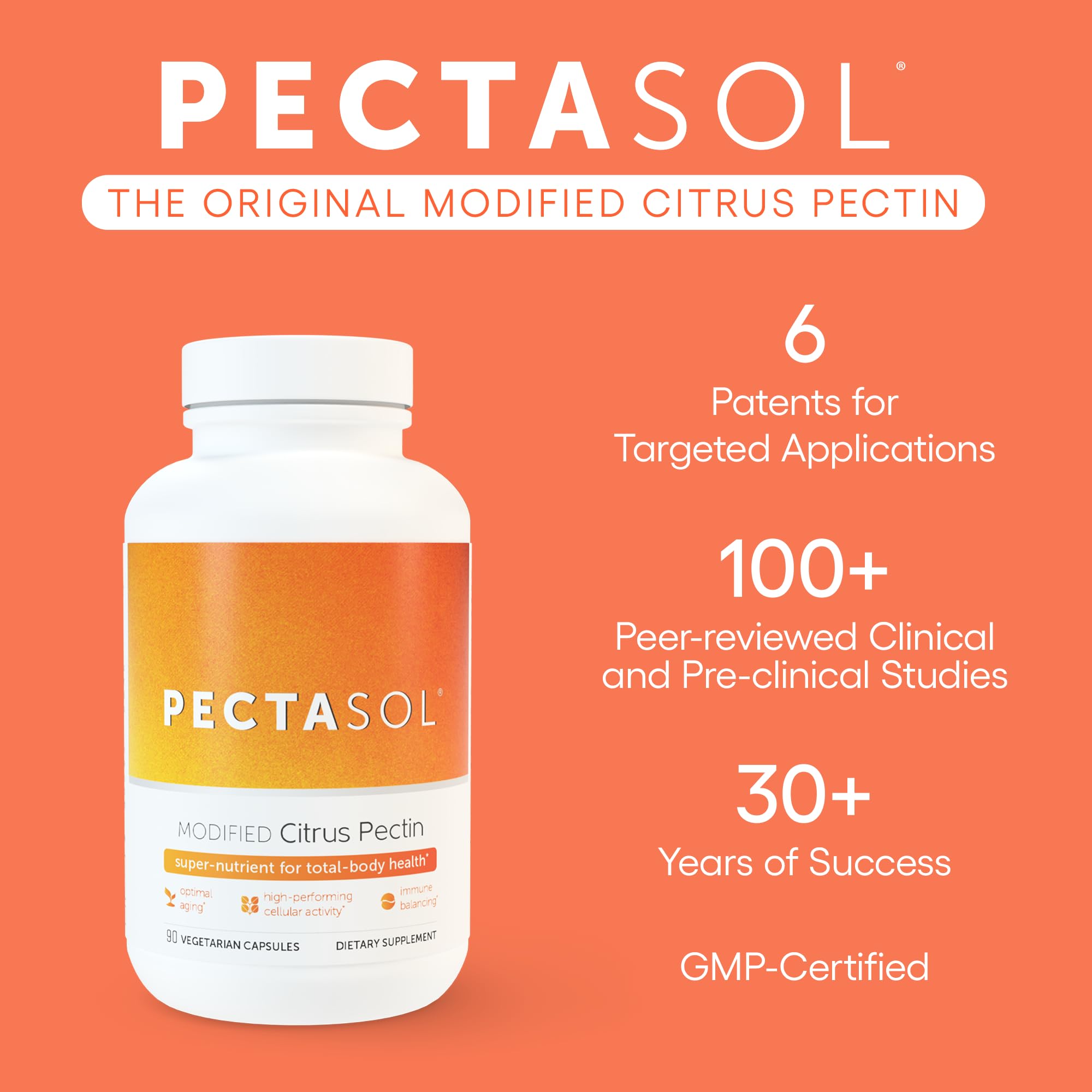 EcoNugenics PectaSol Modified Citrus Pectin supplement bottle angled view highlighting serving size information.