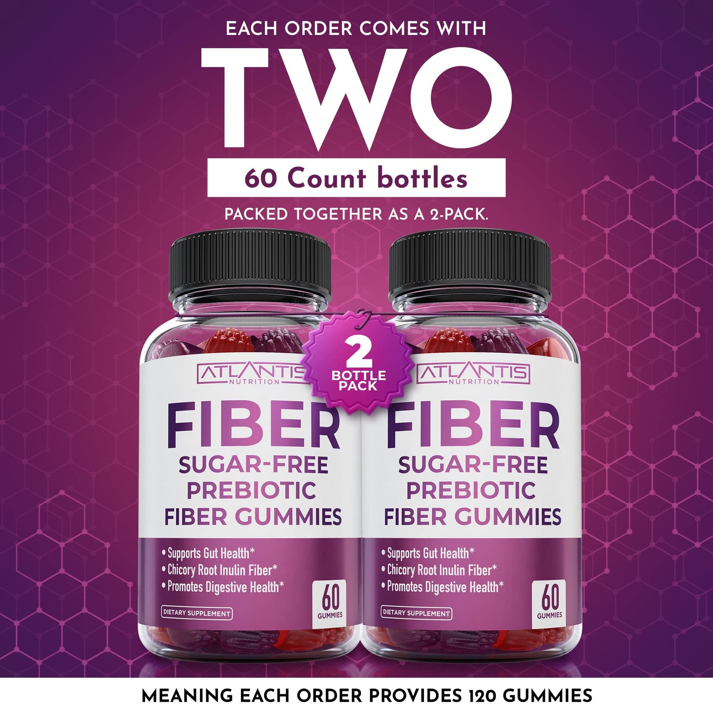 Atlantis Nutrition premium USA imported fiber supplement twin pack containing one hundred twenty chewable pieces
