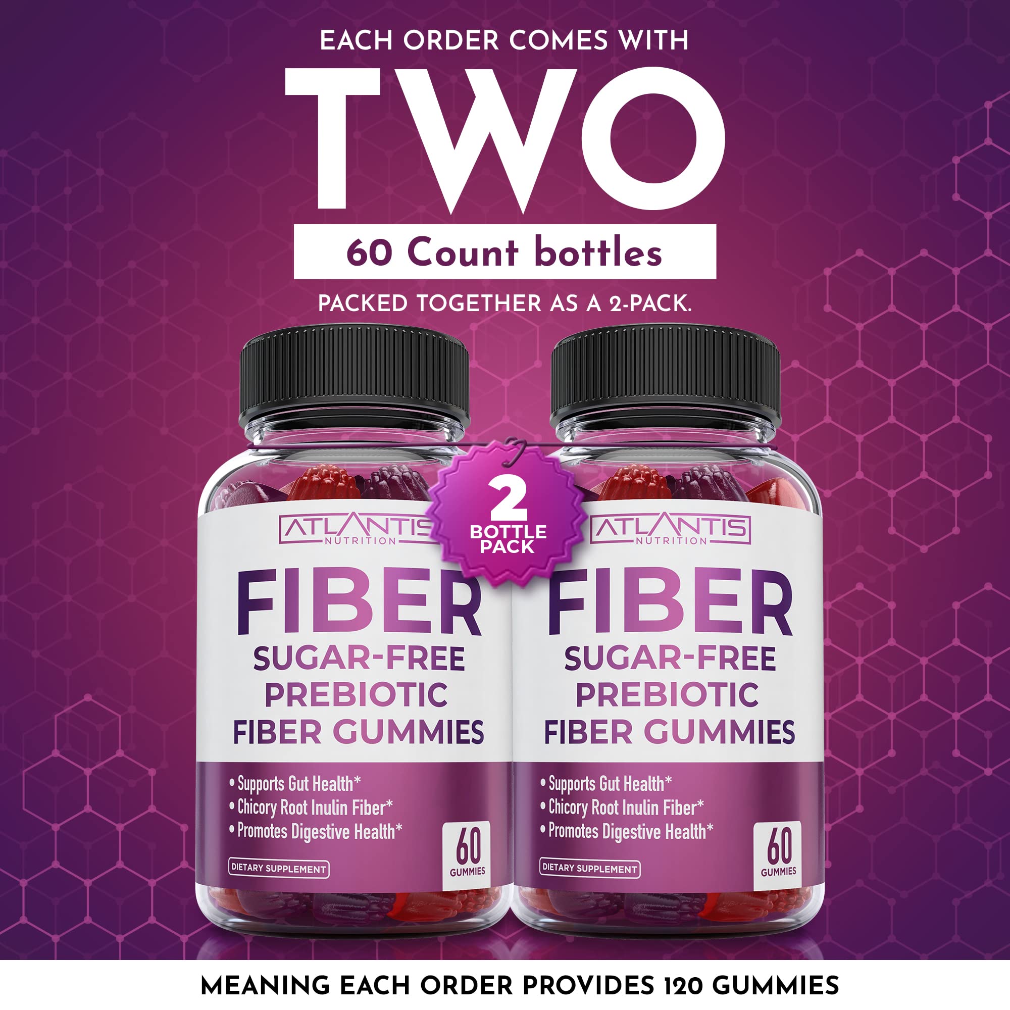 Atlantis Nutrition premium USA imported fiber supplement twin pack containing one hundred twenty chewable pieces