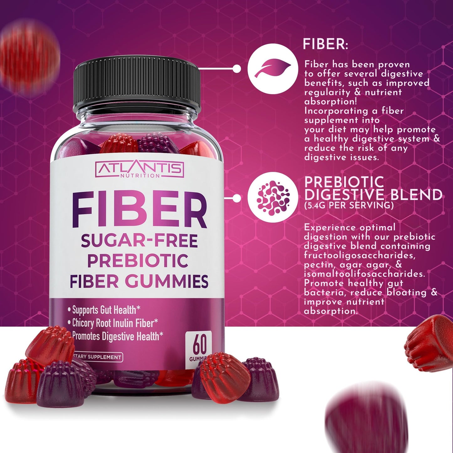 Atlantis Nutrition prebiotic fiber chewables for adult bloating relief and daily regularity