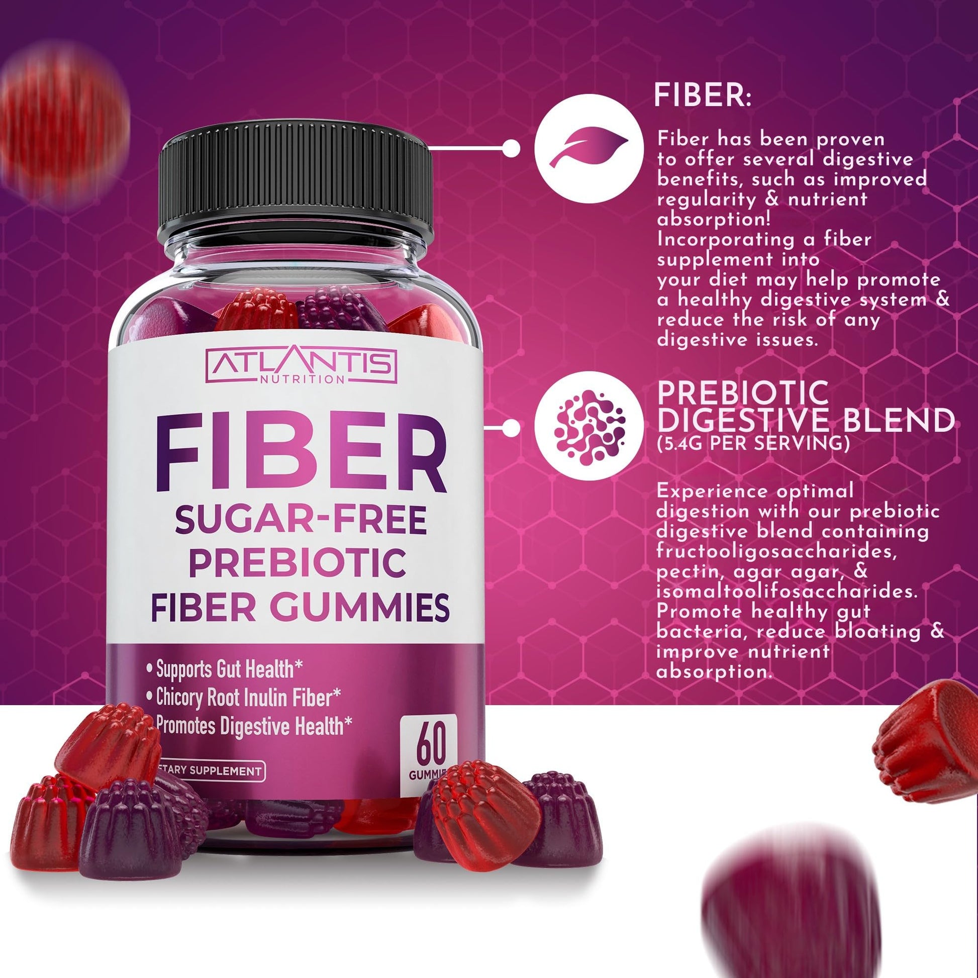 Atlantis Nutrition prebiotic fiber chewables for adult bloating relief and daily regularity