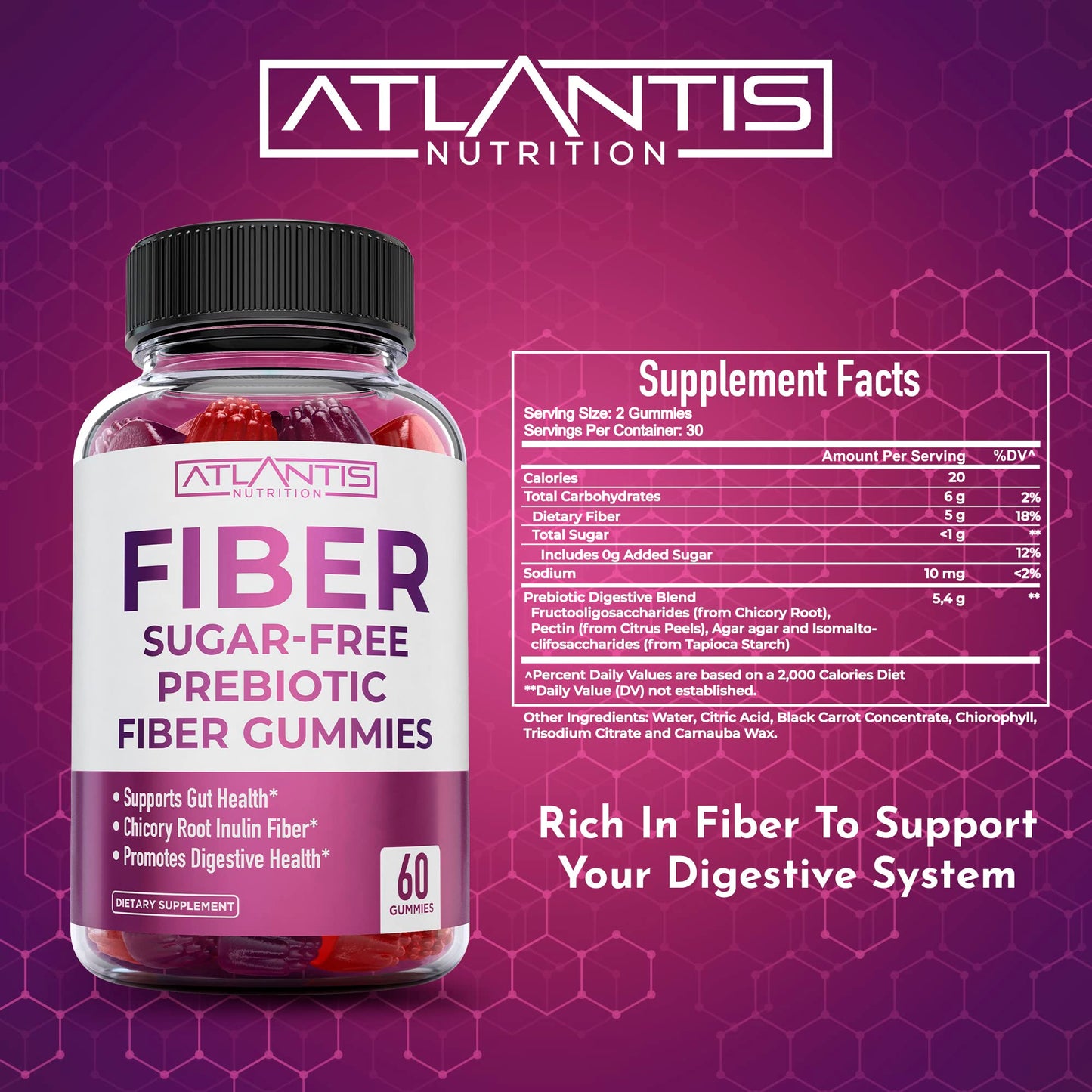 Close-up view of five grams dietary fiber mixed berry flavor plant-based gummies