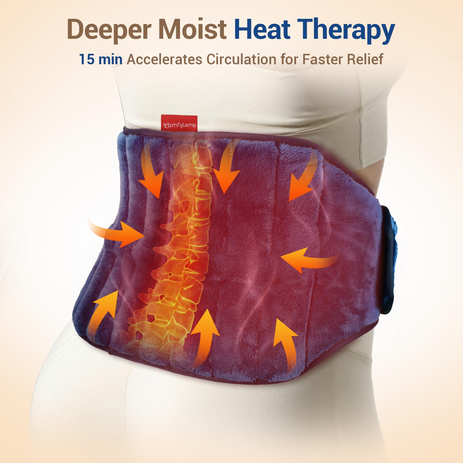Person using Comfytemp microwavable wrap on lower back for relief