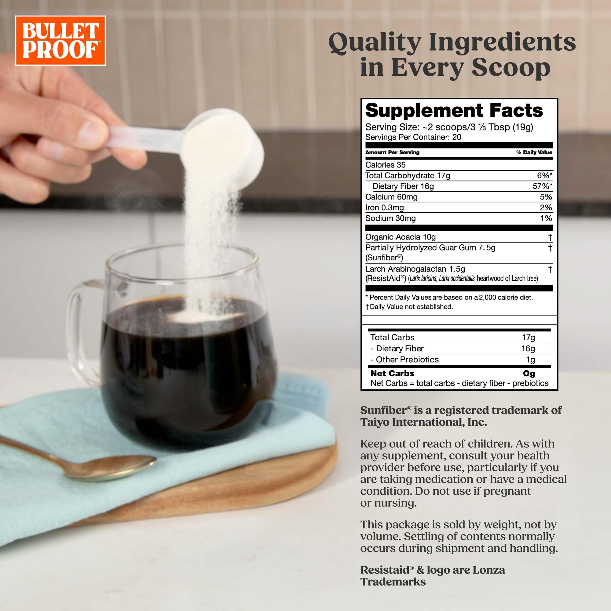 Bulletproof plant sourced prebiotic fiber supplement tub showing nutritional information.