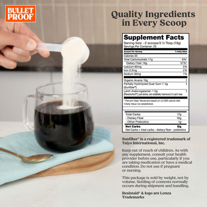 Bulletproof plant sourced prebiotic fiber supplement tub showing nutritional information.