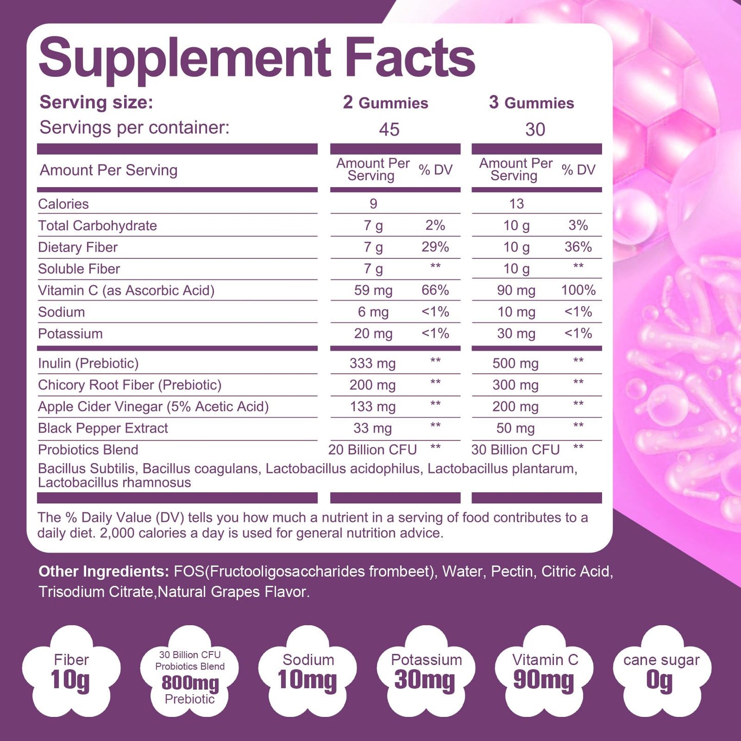 Migcopat sugar free fiber gummies with 30 billion CFU probiotics side view detailing vegan ingredients.
