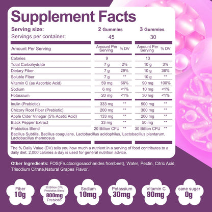 Migcopat sugar free fiber gummies with 30 billion CFU probiotics side view detailing vegan ingredients.