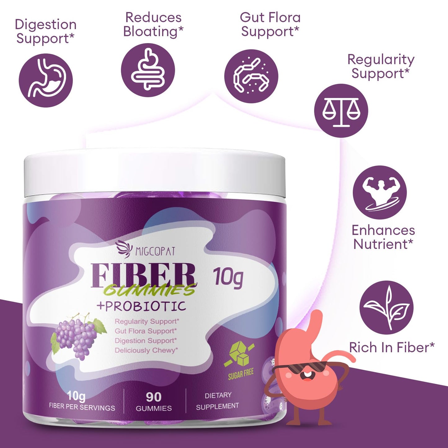 Migcopat bloating support dietary fiber gummies with apple cider vinegar and vitamin C bottle back view.