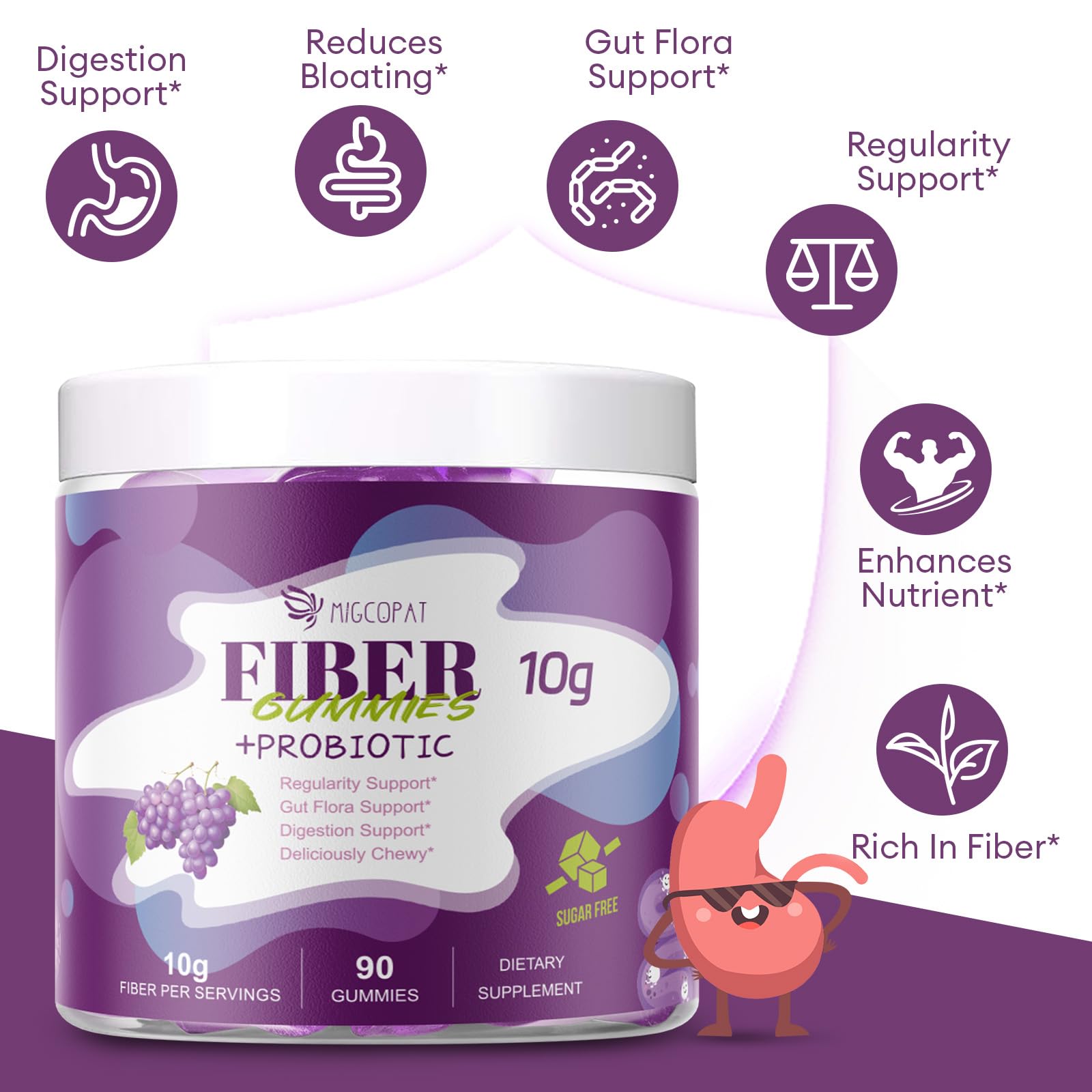 Migcopat bloating support dietary fiber gummies with apple cider vinegar and vitamin C bottle back view.