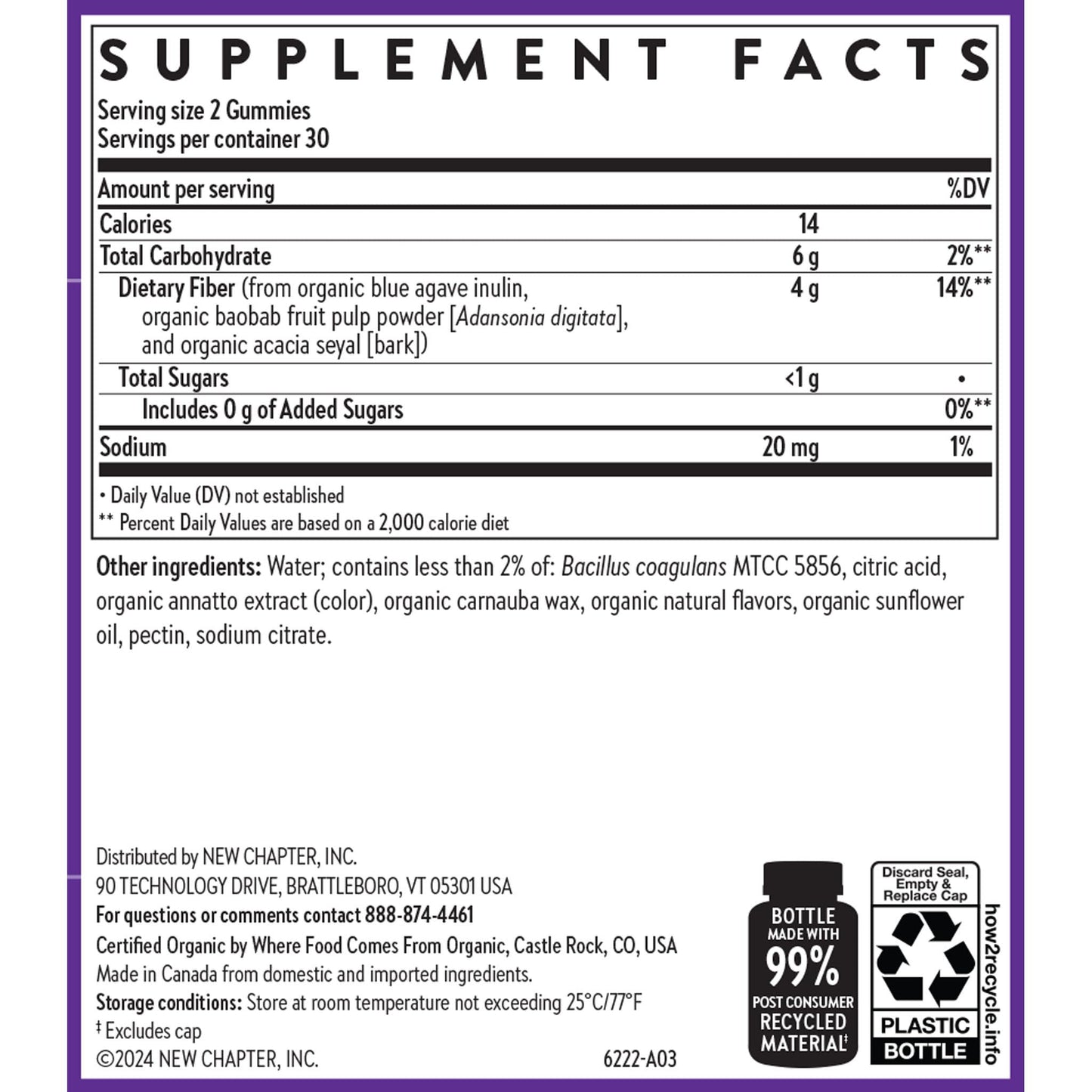 Back label of New Chapter organic fiber gummies showing nutrition facts
