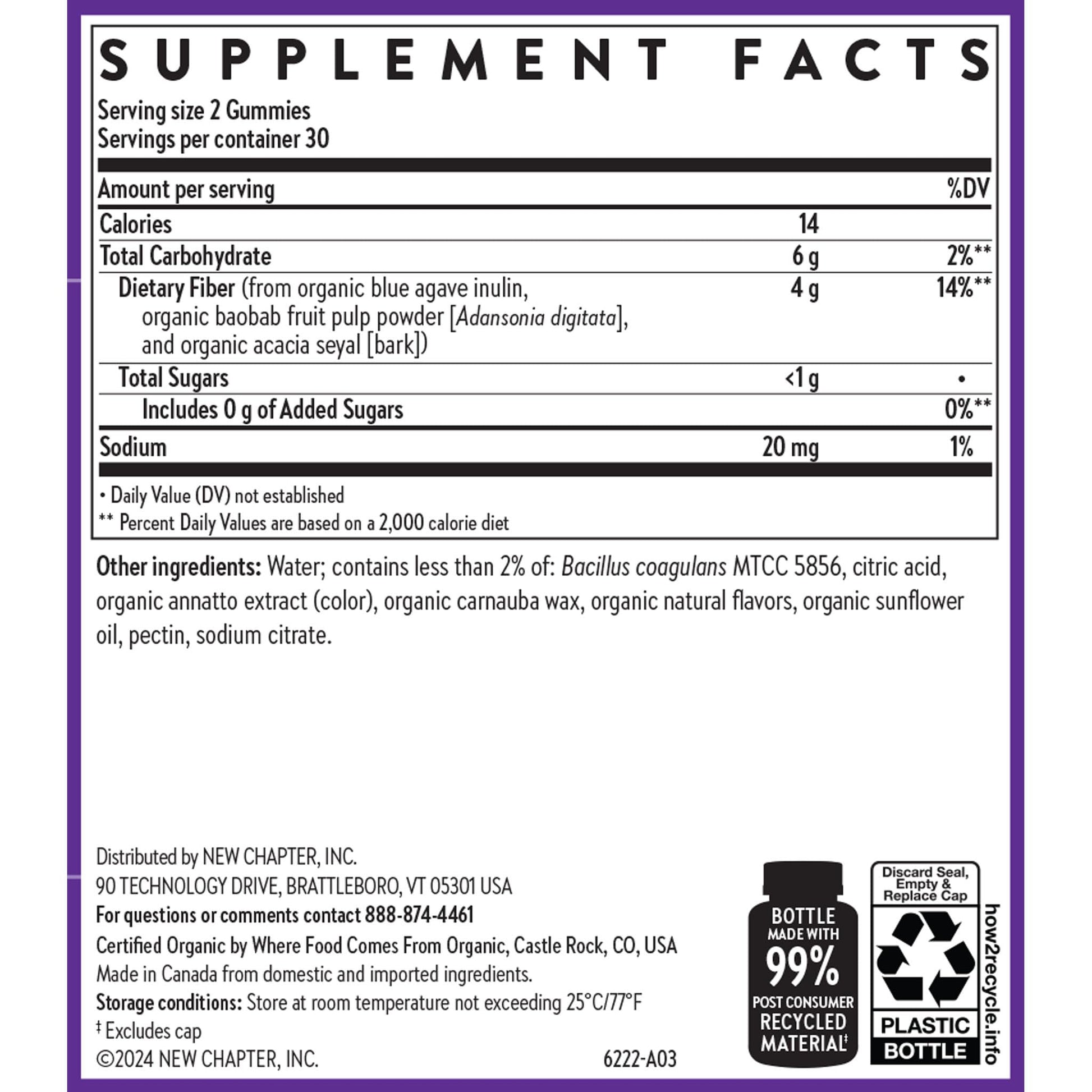 Back label of New Chapter organic fiber gummies showing nutrition facts