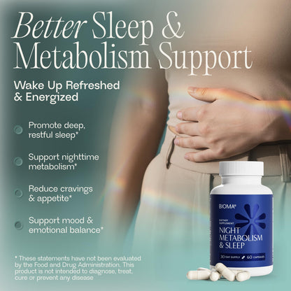 BIOMA Night Metabolism supplement bottle showing ingredients like melatonin and magnesium