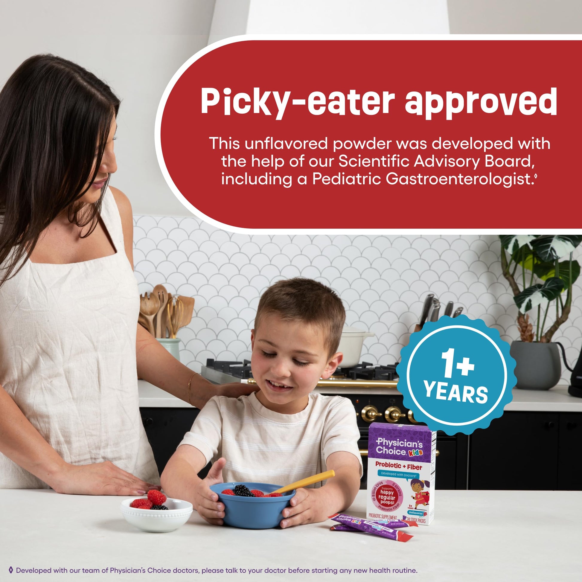 Physician's Choice children digestive health powder supplement box showing 10 billion CFU callout.