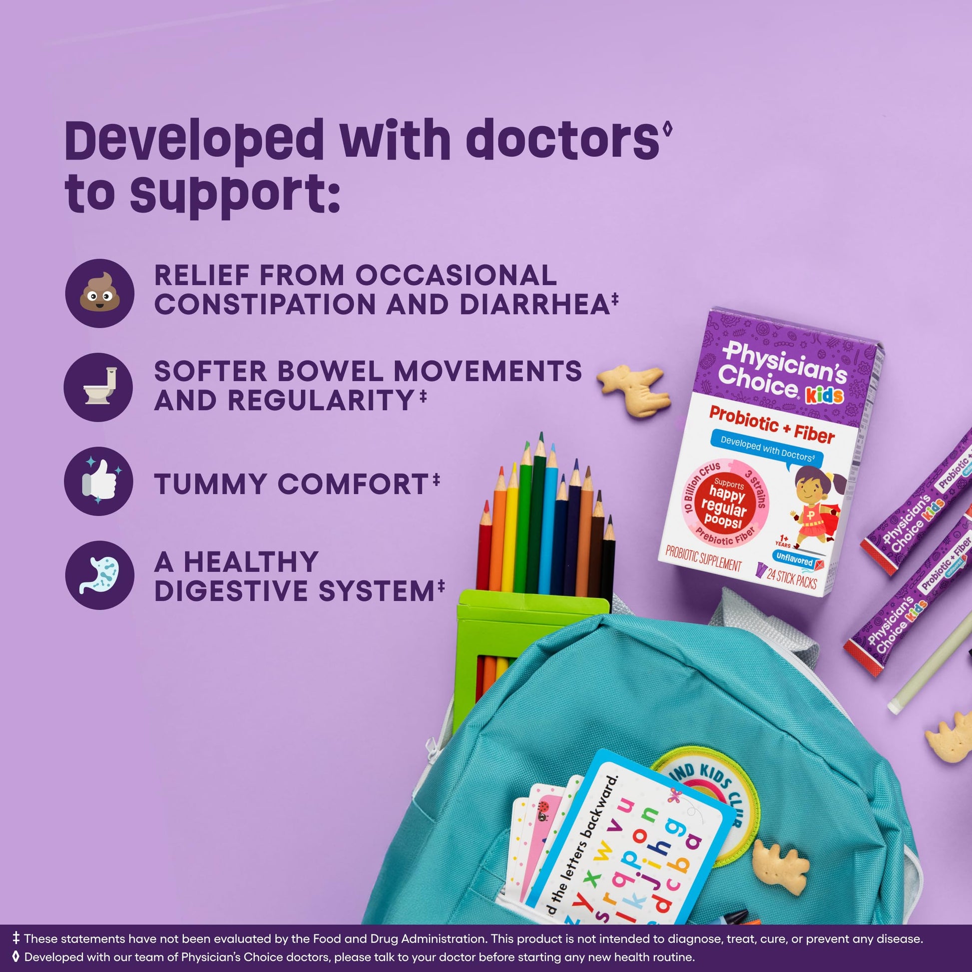 Physician's Choice unflavored toddler gut health packets showing prebiotic fiber supplement facts panel.