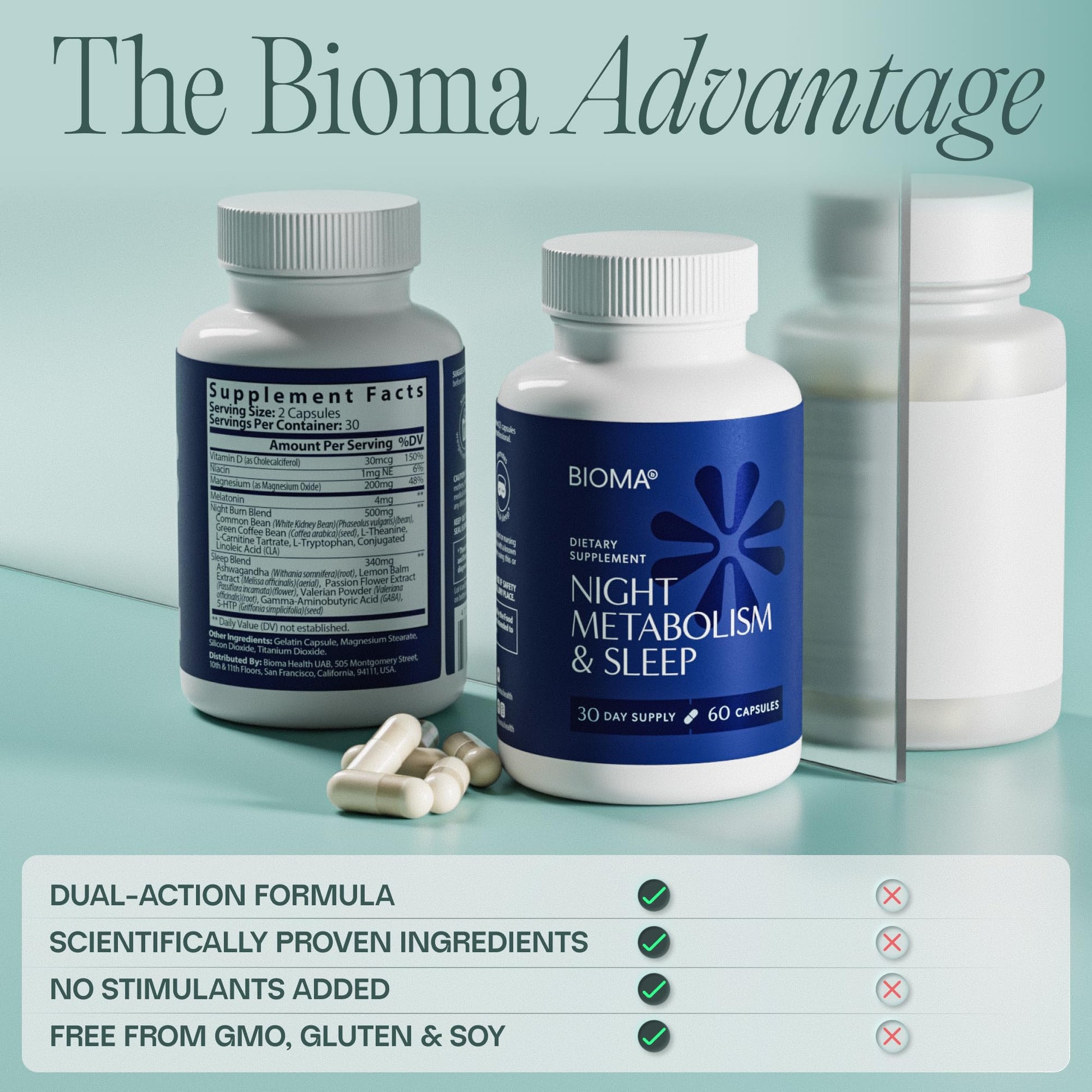BIOMA digestive wellness and nighttime sleep aid capsules side panel instructions