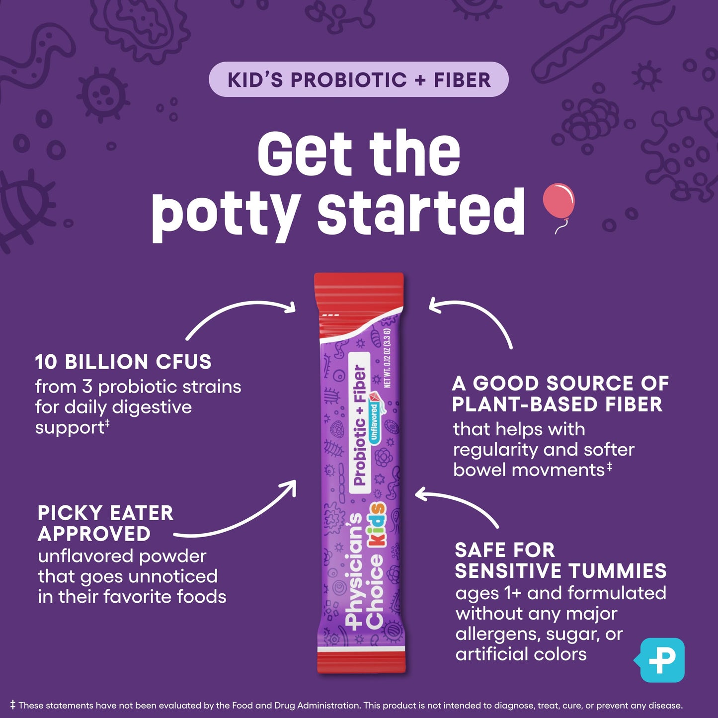 Physician's Choice kids constipation relief probiotic powder mix showing allergy free certification icons.