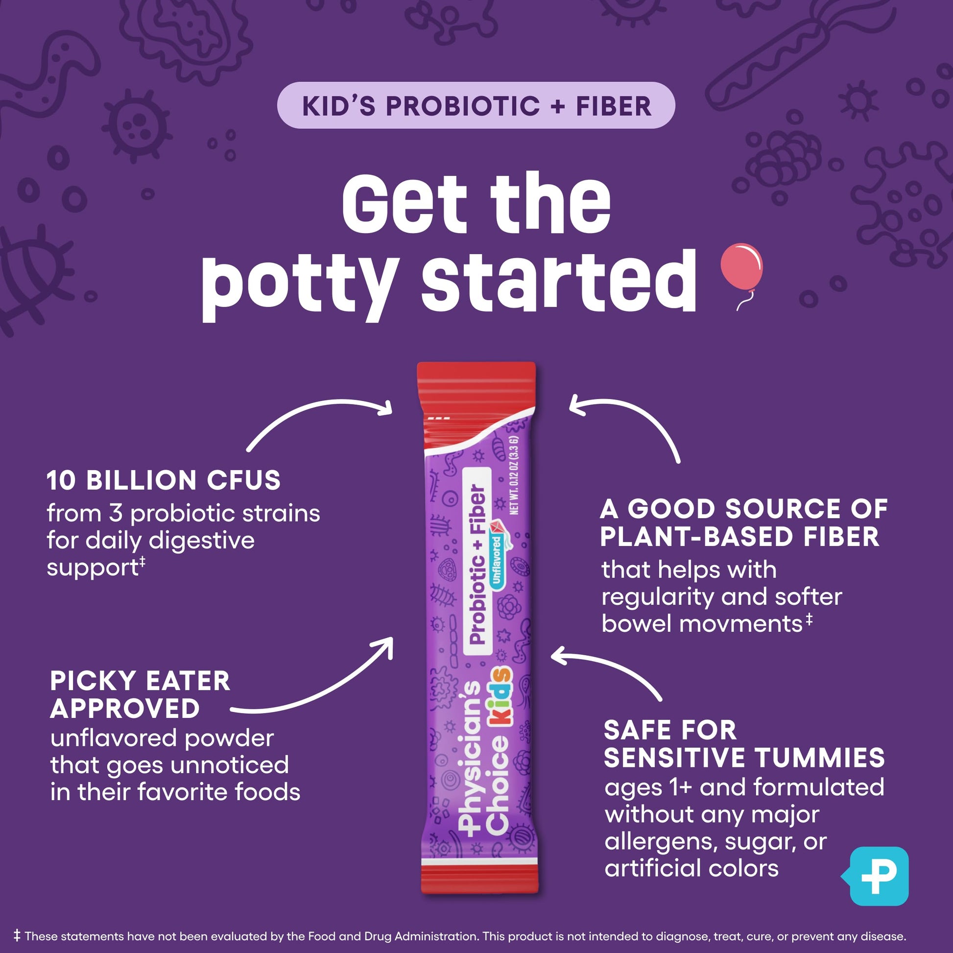 Physician's Choice kids constipation relief probiotic powder mix showing allergy free certification icons.