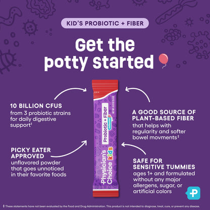 Physician's Choice kids constipation relief probiotic powder mix showing allergy free certification icons.