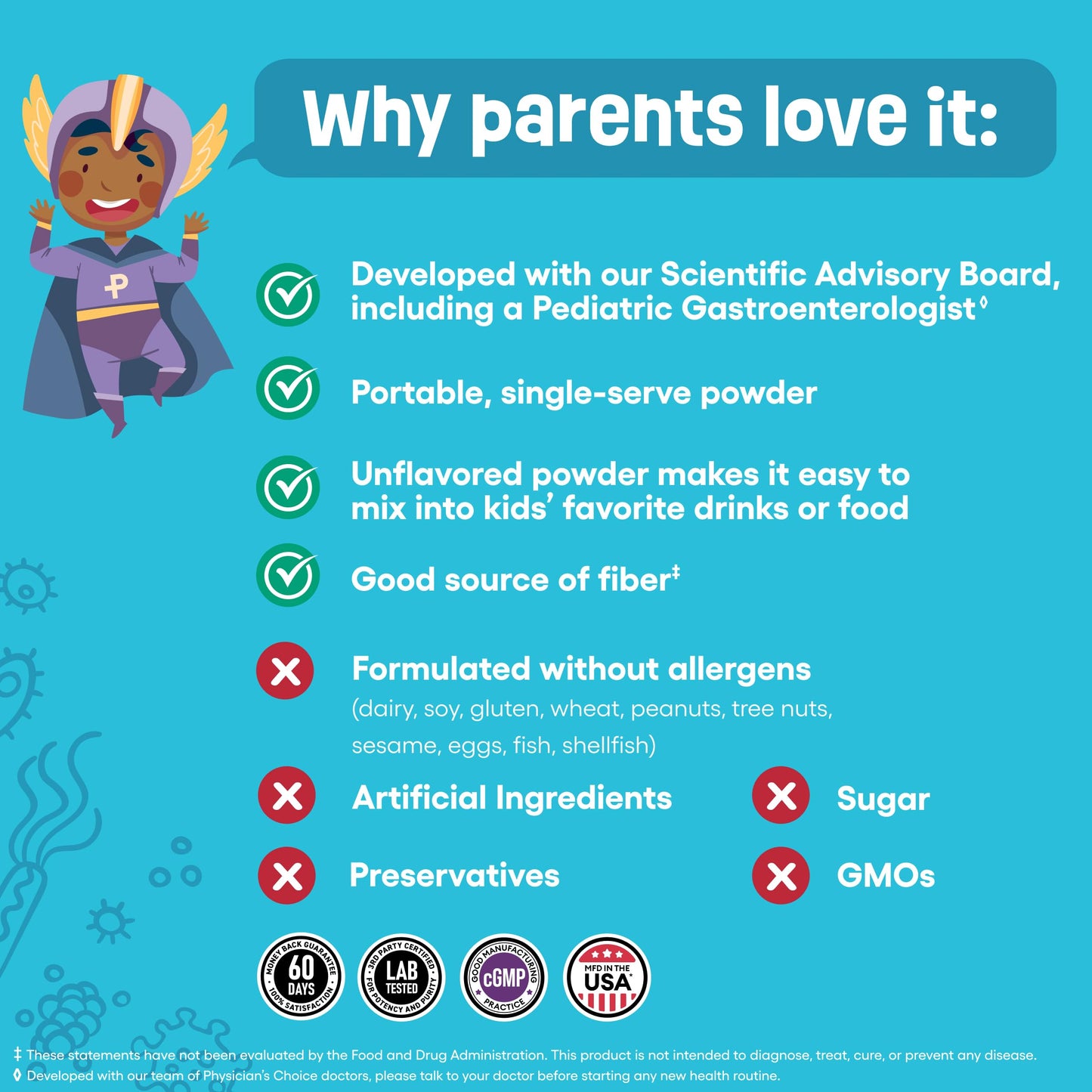 Physician's Choice doctor developed pediatric probiotic stick packs box side display.