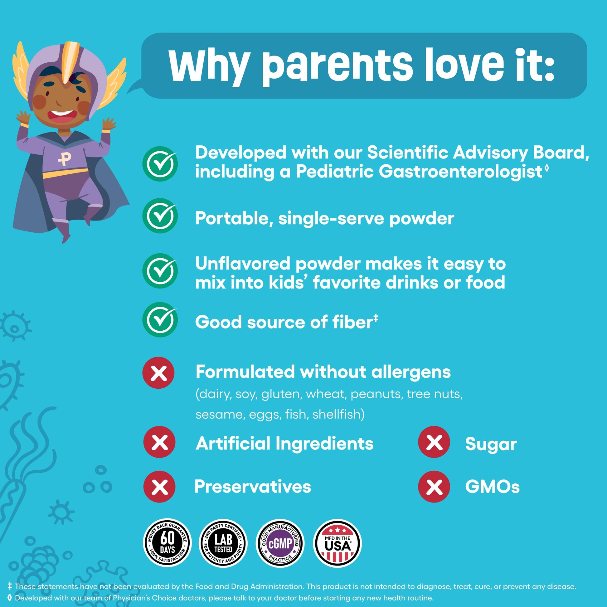 Physician's Choice doctor developed pediatric probiotic stick packs box side display.