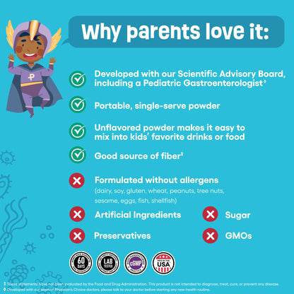 Physician's Choice doctor developed pediatric probiotic stick packs box side display.