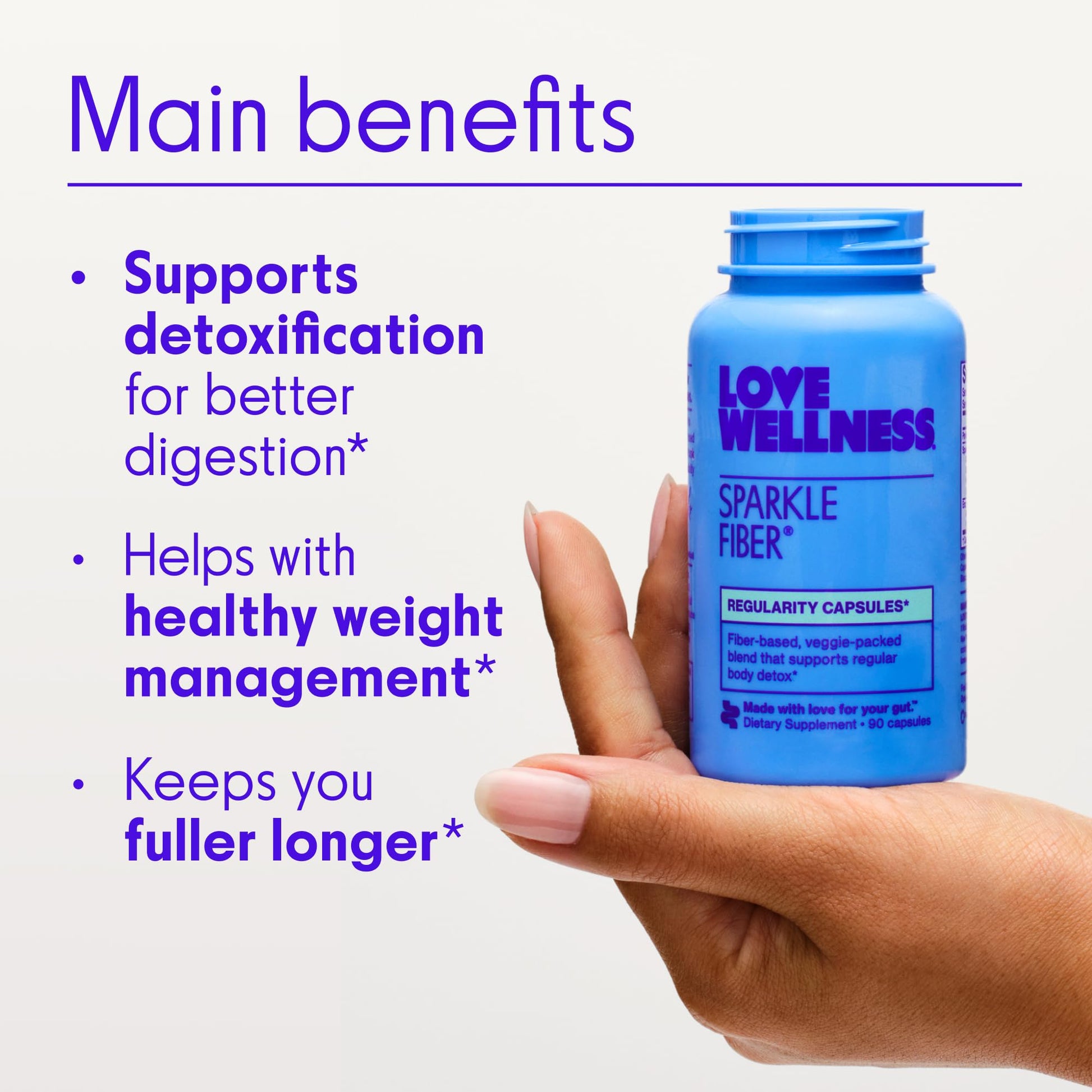Love Wellness daily fiber supplement for women bloating relief packaging.