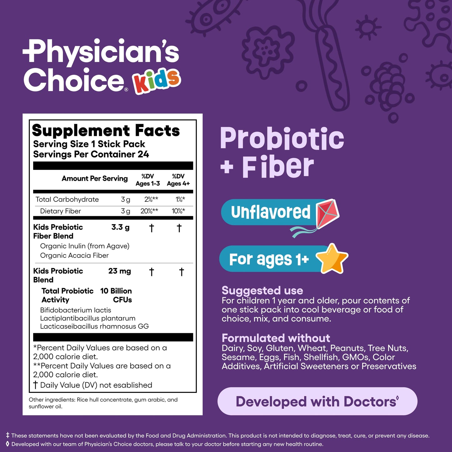 Physician's Choice premium USA imported child health prebiotic fiber powder packaging layout.