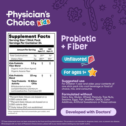 Physician's Choice premium USA imported child health prebiotic fiber powder packaging layout.