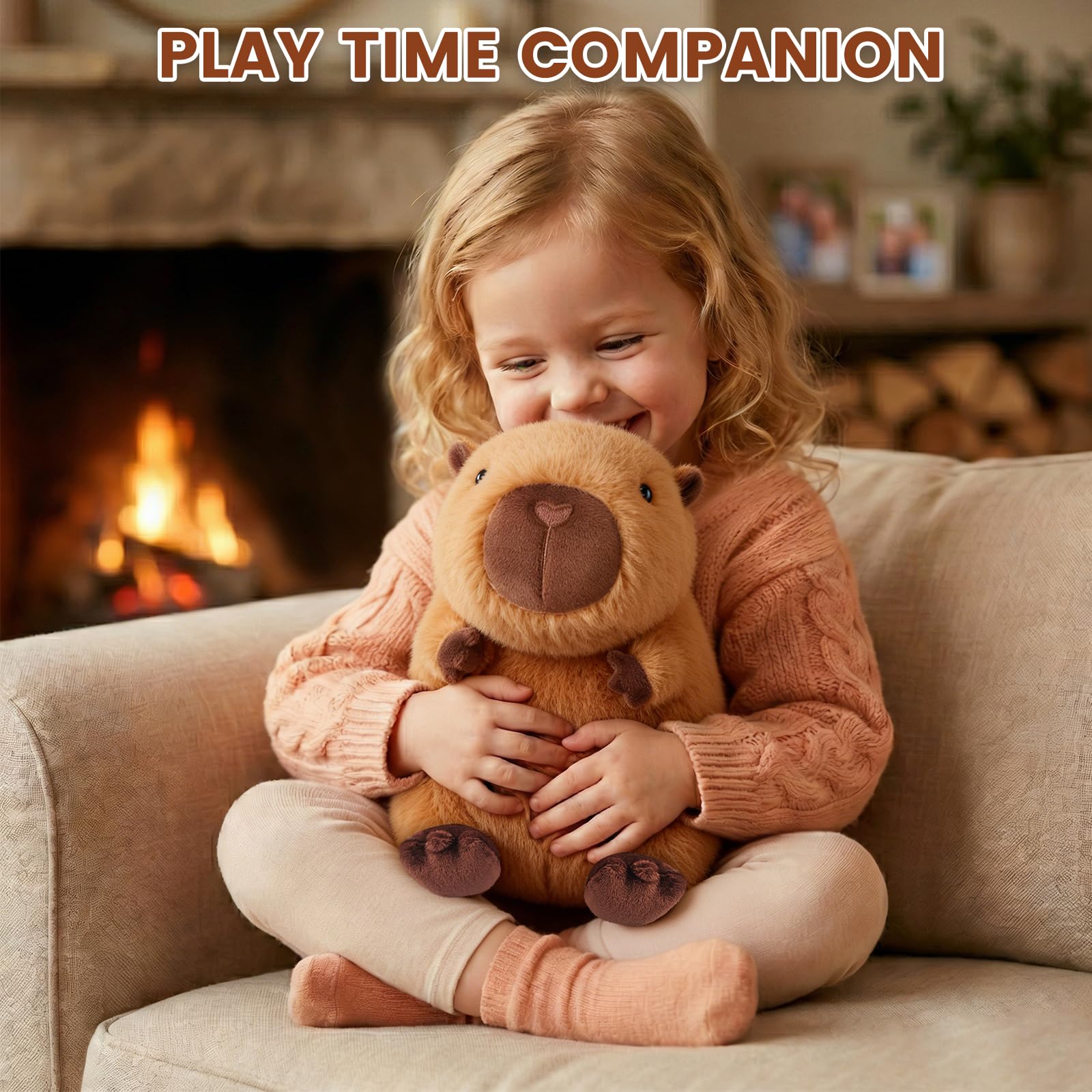 Child holding SuzziPals capybara heating pad for comfort