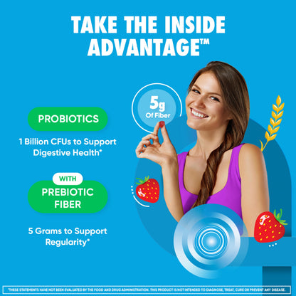 Digestive Advantage strawberry flavor prebiotic fiber supplement packaging details showing 5 grams fiber