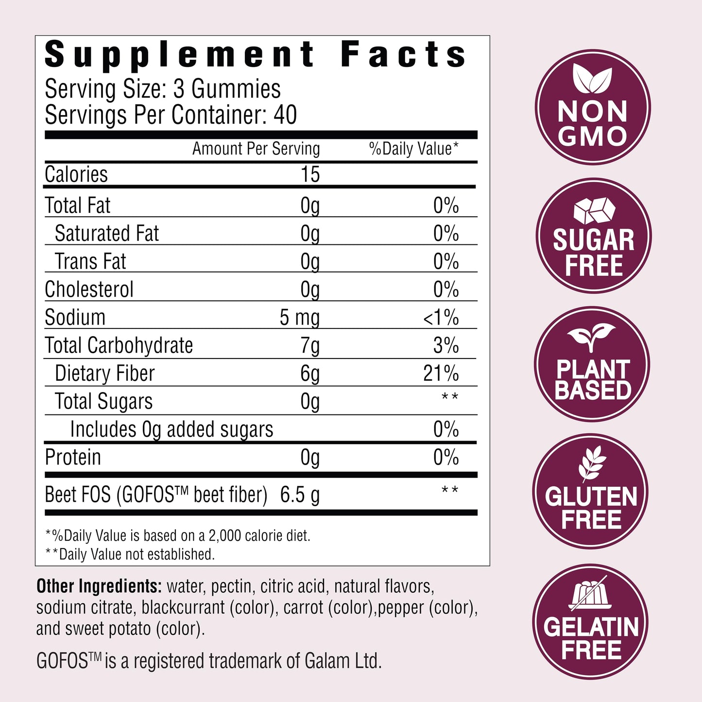 Country Farms Fiber Care Gummies nutritional facts label showing 6 grams of fiber