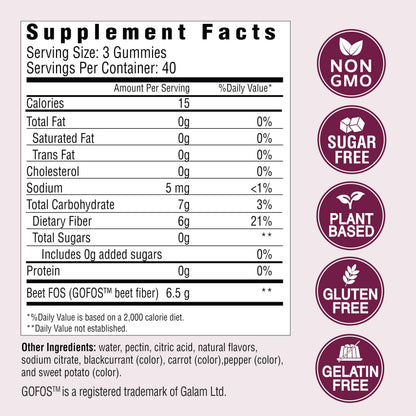 Country Farms Fiber Care Gummies nutritional facts label showing 6 grams of fiber