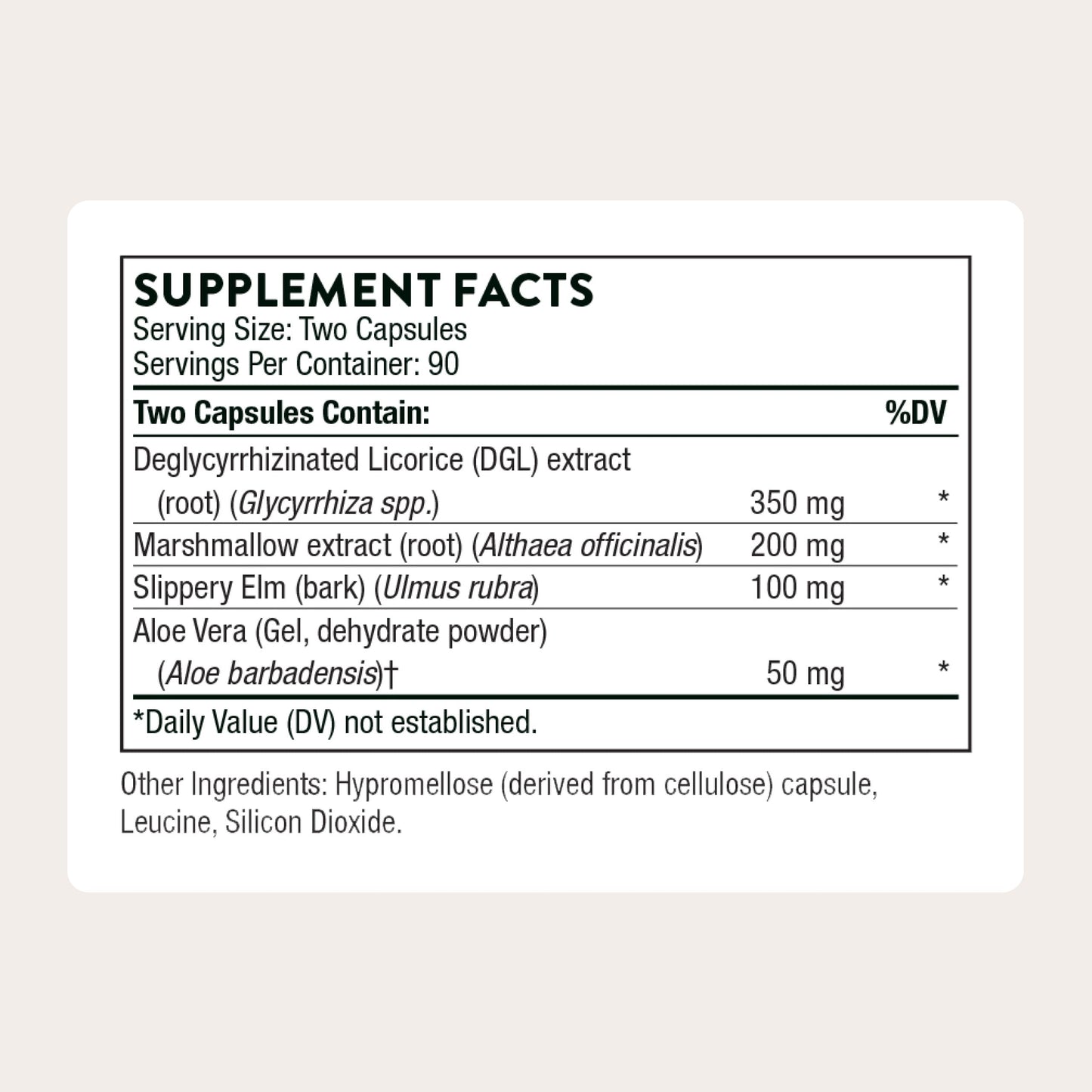 Thorne GI Relief gastrointestinal support supplement nutrition facts label.