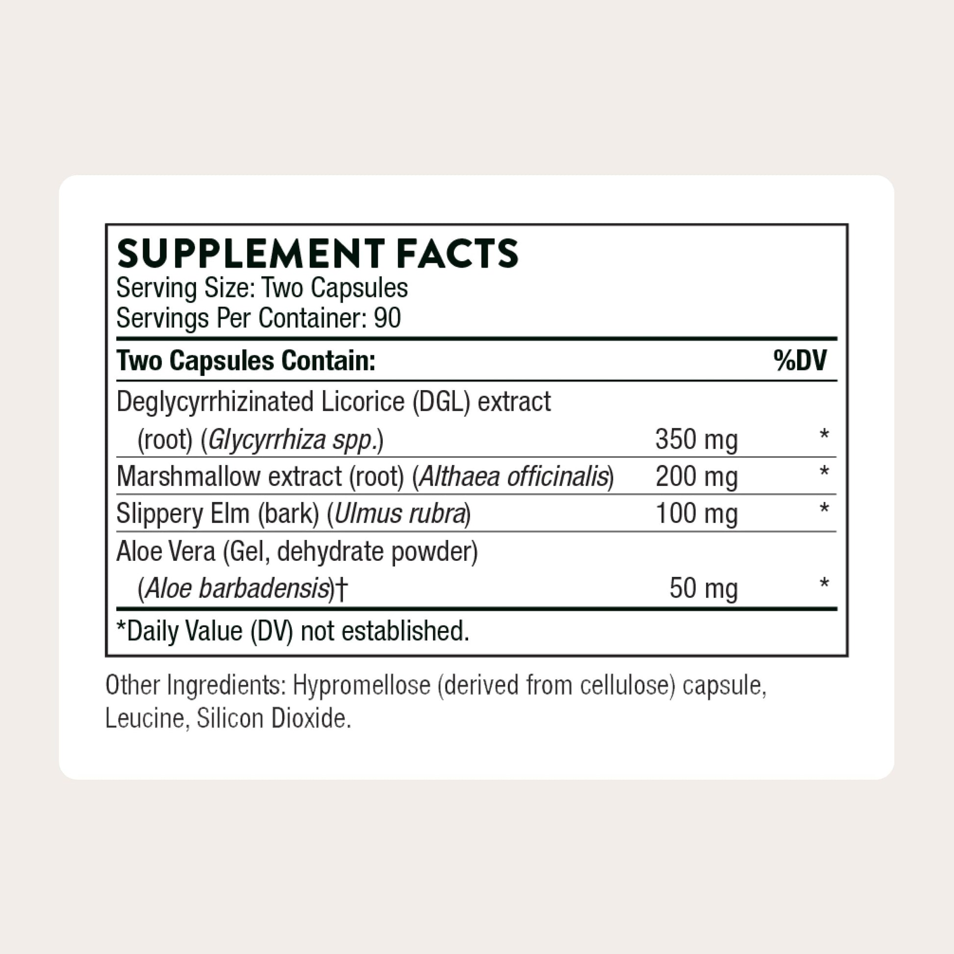 Thorne GI Relief gastrointestinal support supplement nutrition facts label.
